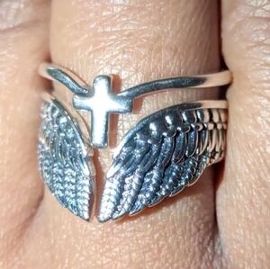 Womens 925 Sterling Silver Angel Wing Cross Open Ring